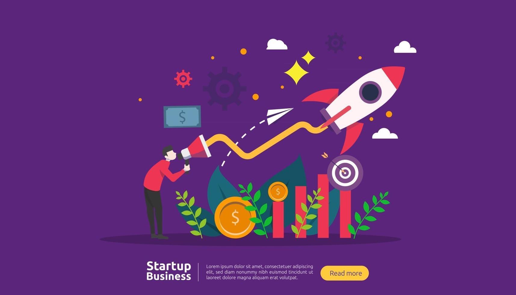 start up idea concept. project business with rocket tiny people character. new product or service launch template for web landing page, banner, presentation, social, print media. Vector illustration