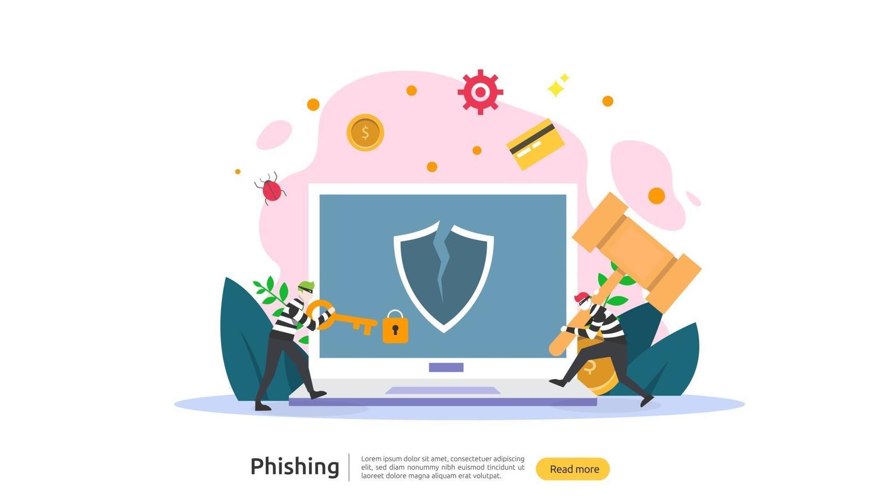 Plantilla de página de destino del concepto de ataque de phishing de contraseña. sanador robando seguridad personal en internet con carácter de gente diminuta. web, banner, presentación, medios sociales e impresos. ilustración vectorial vector