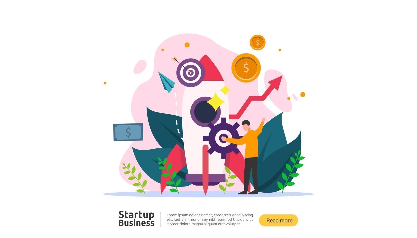 start up idea concept. project business with rocket tiny people character. new product or service launch template for web landing page, banner, presentation, social, print media. Vector illustration