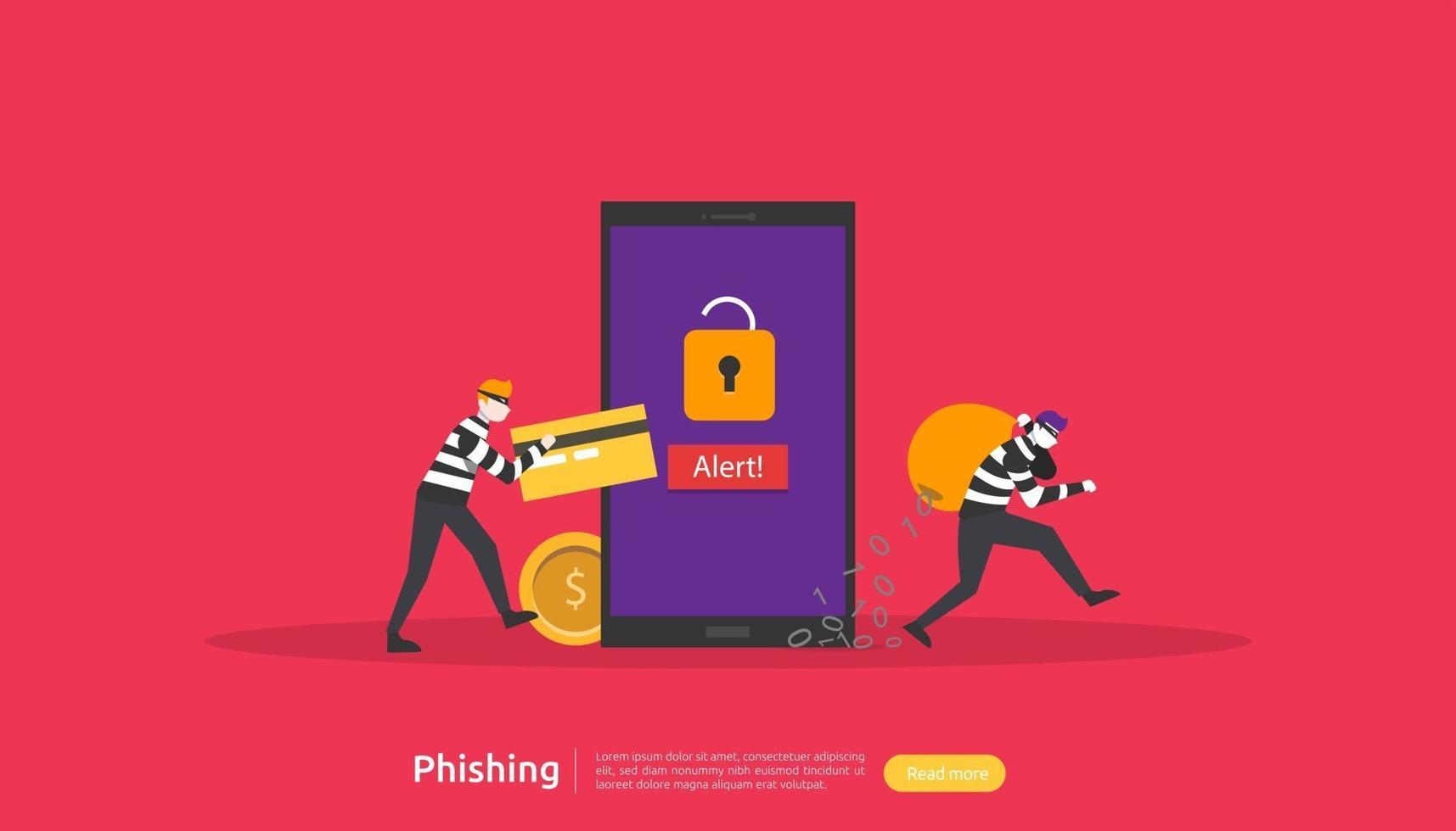 Plantilla de página de destino del concepto de ataque de phishing de contraseña. sanador robando seguridad personal en internet con carácter de gente diminuta. web, banner, presentación, medios sociales e impresos. ilustración vectorial vector