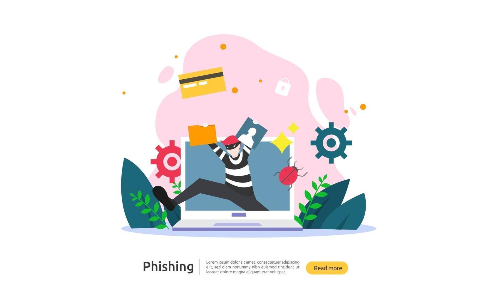 Plantilla de página de destino del concepto de ataque de phishing de contraseña. sanador robando seguridad personal en internet con carácter de gente diminuta. web, banner, presentación, medios sociales e impresos. ilustración vectorial vector