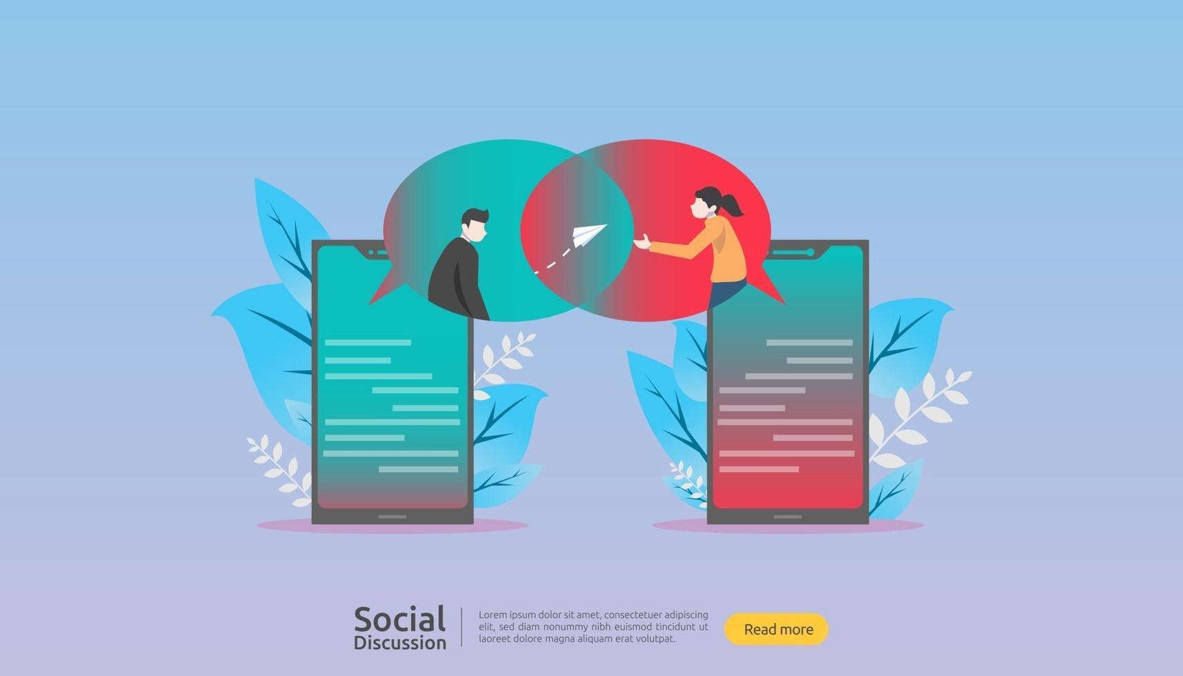 social media conversation network. Chat dialogue bubbles communication people character. community chatting online. news discuss landing page template, presentation, print media. Vector illustration