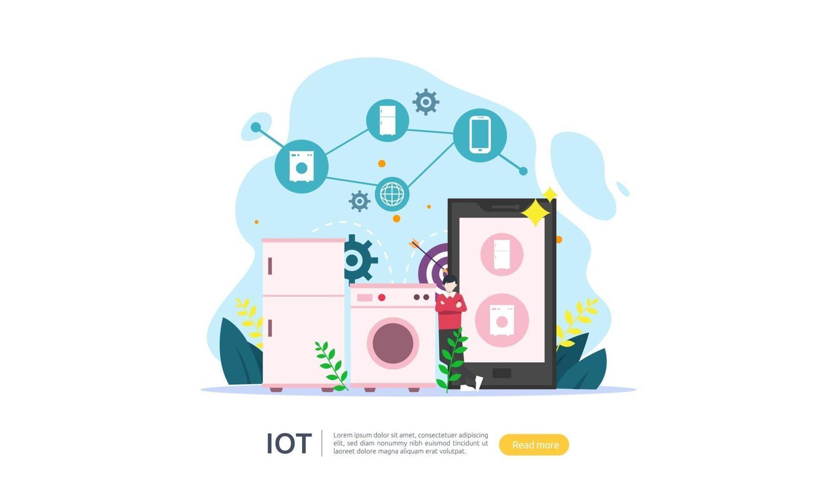 IOT smart house monitoring concept for industrial 4.0 home technology on laptop screen of internet of things connected objects. web landing page template, banner, print media. Vector illustration