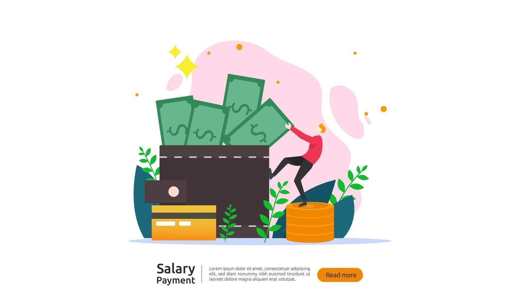 salary payment concept. Payroll, annual bonus, income, payout with paper calculator and people character. web landing page template, banner, presentation, social, and print media. Vector illustration