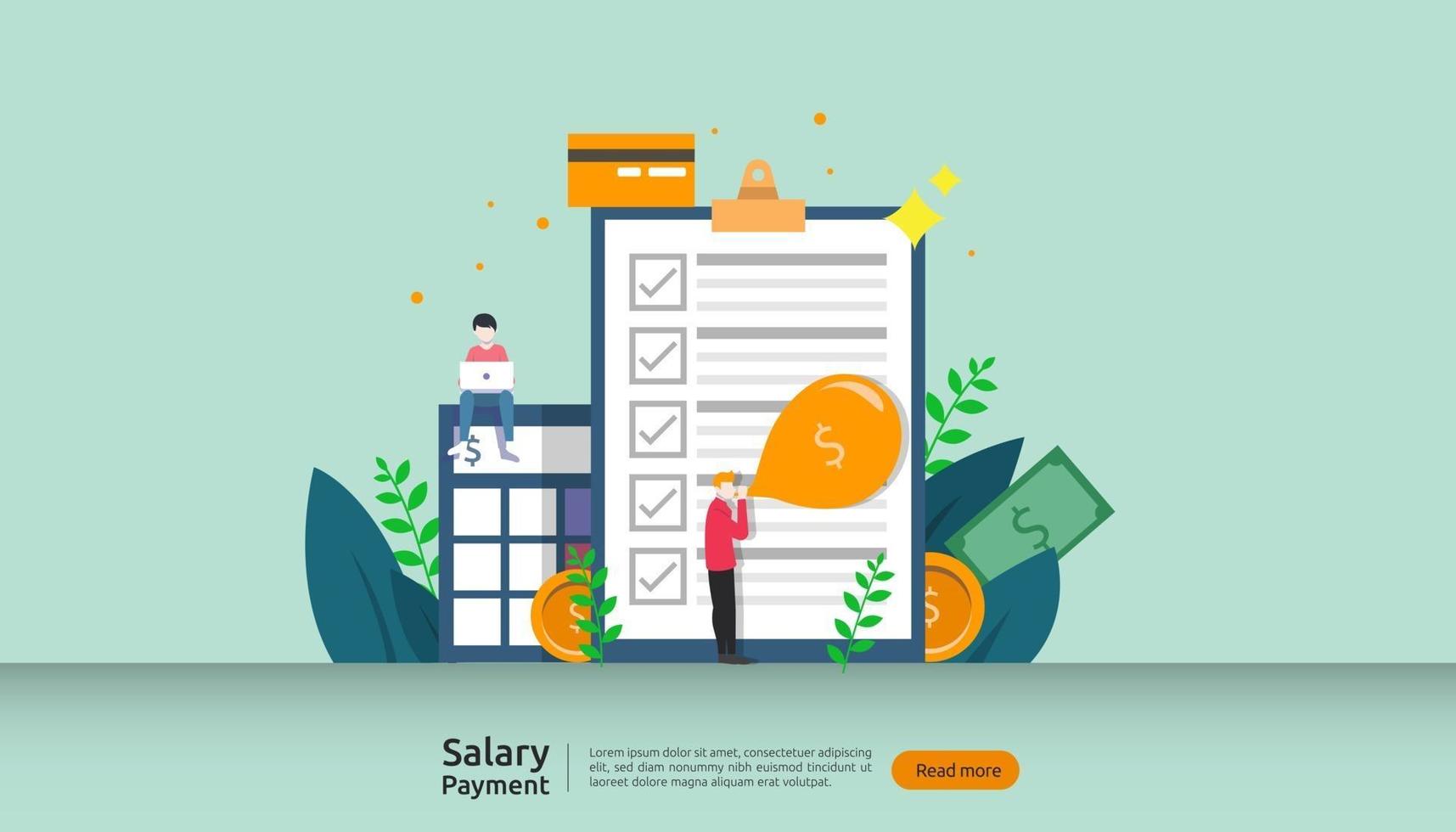 salary payment concept. Payroll, annual bonus, income, payout with paper calculator and people character. web landing page template, banner, presentation, social, and print media. Vector illustration