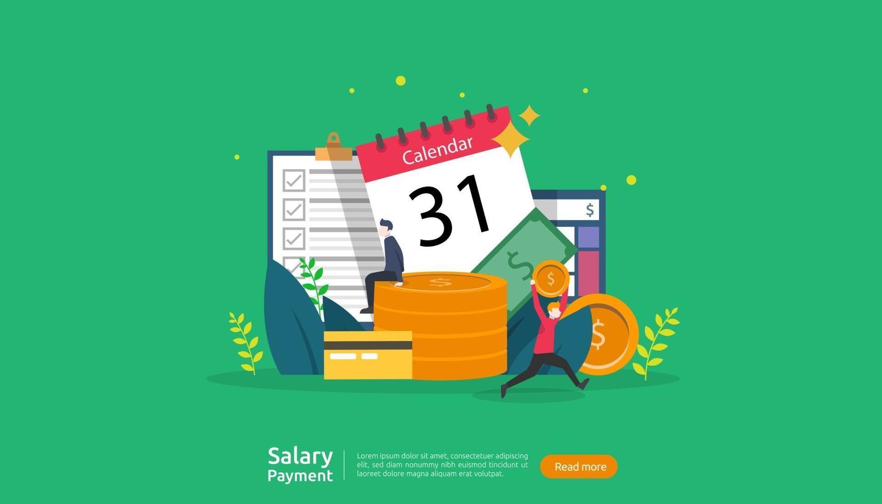 salary payment concept. Payroll, annual bonus, income, payout with paper calculator and people character. web landing page template, banner, presentation, social, and print media. Vector illustration