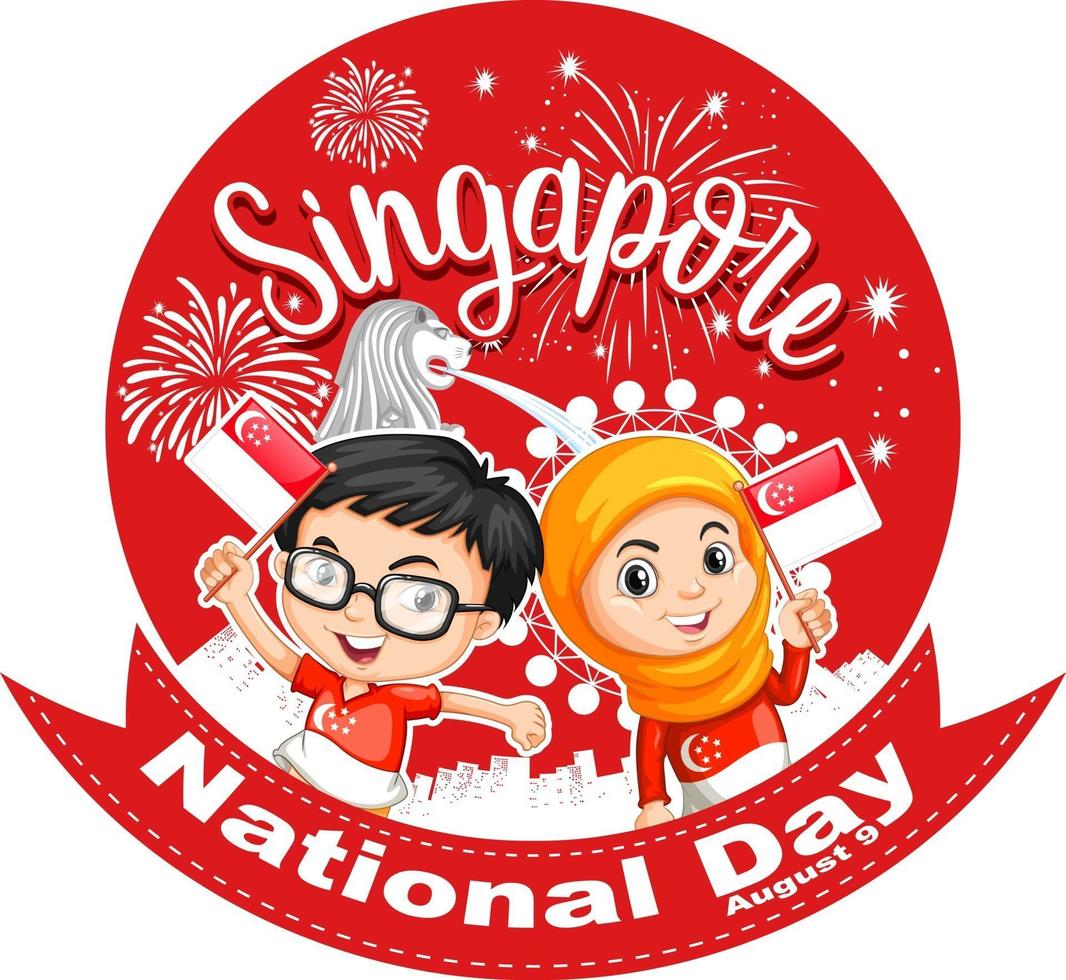 día nacional de singapur con niños sosteniendo el personaje de dibujos animados de la bandera de singapur vector