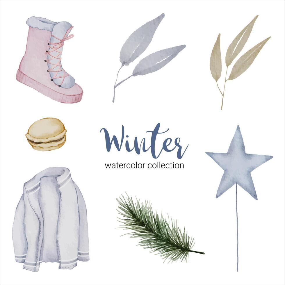 winter watercolor collection with items for home use. vector