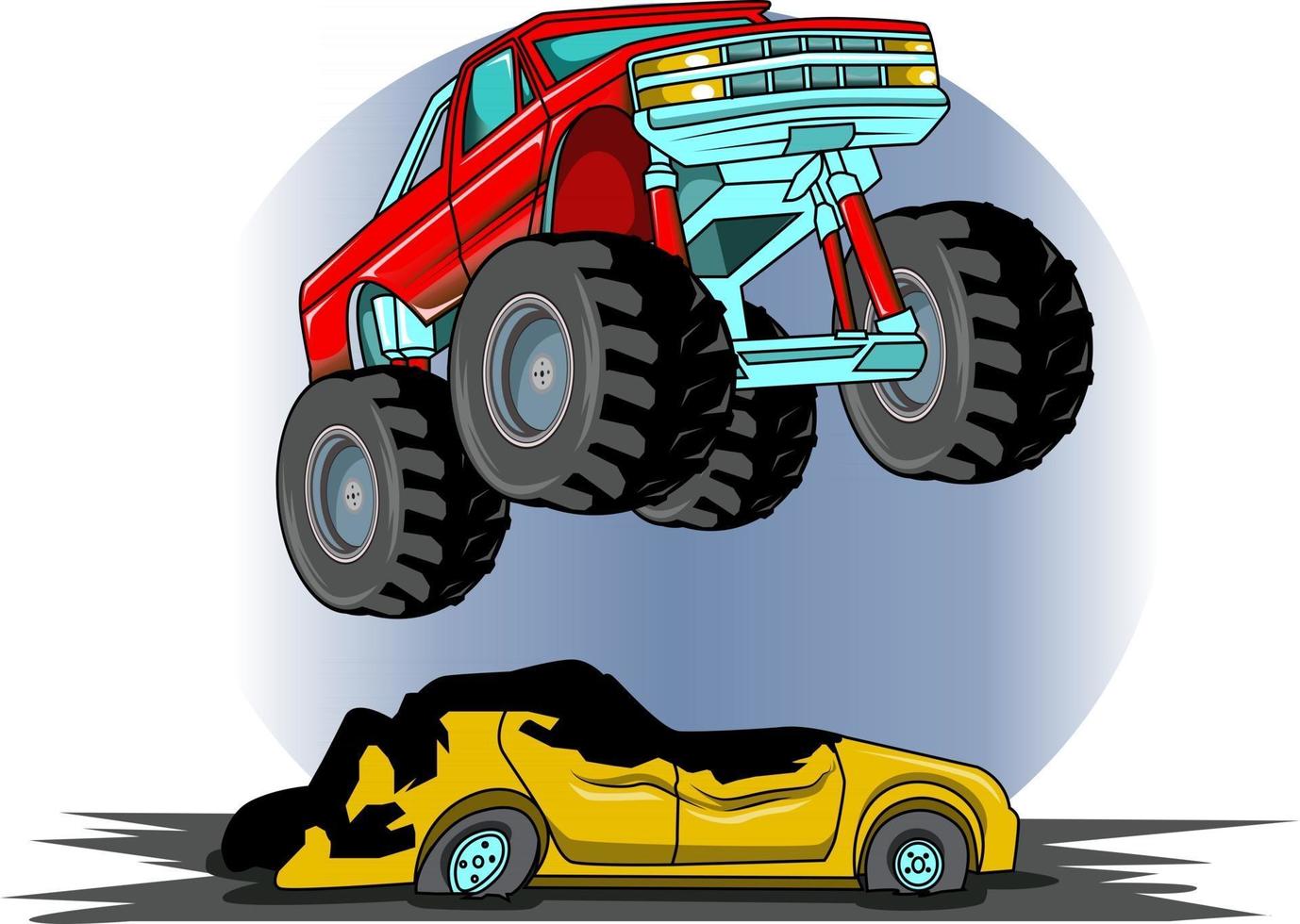 red monster truck jumping a car vector