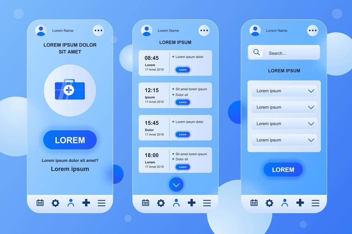 Medical services glassmorphic elements kit for mobile app vector