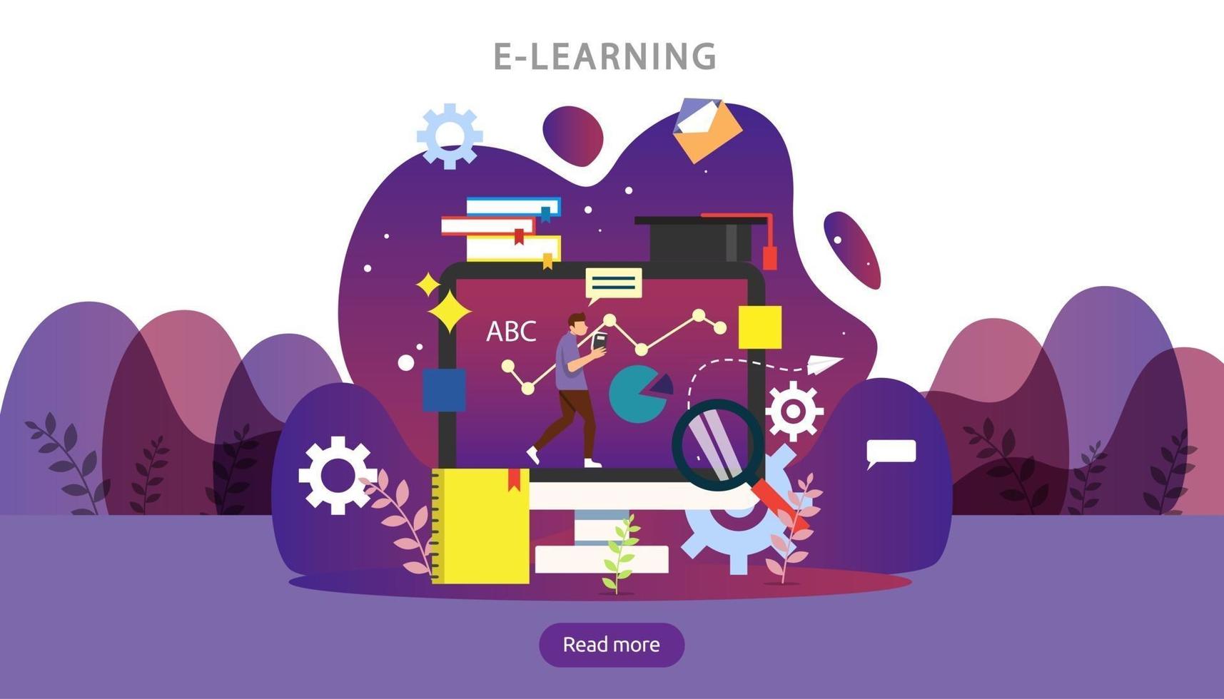 E-learning concept with computer, book and tiny people character in study process. E-book or online education. template for web landing page, banner, presentation, social media and print material vector