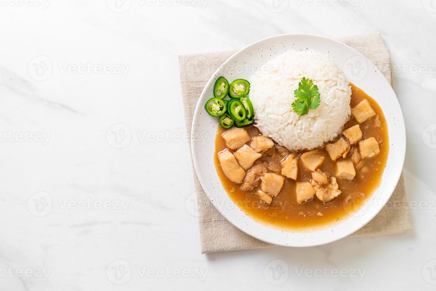 Chicken in brown sauce or gravy sauce with rice photo