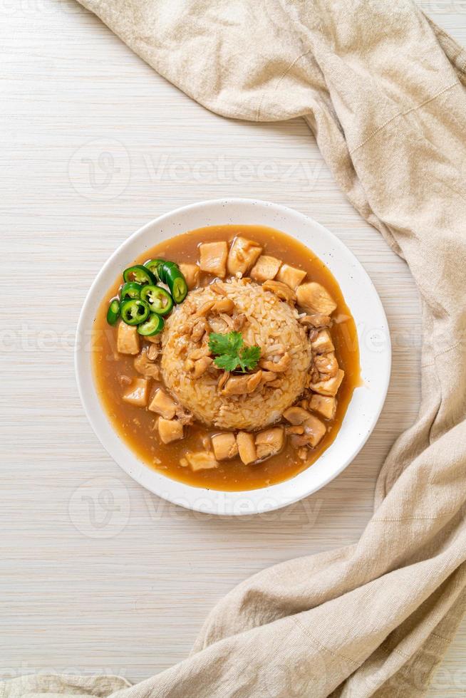 Chicken in brown sauce or gravy sauce with rice photo