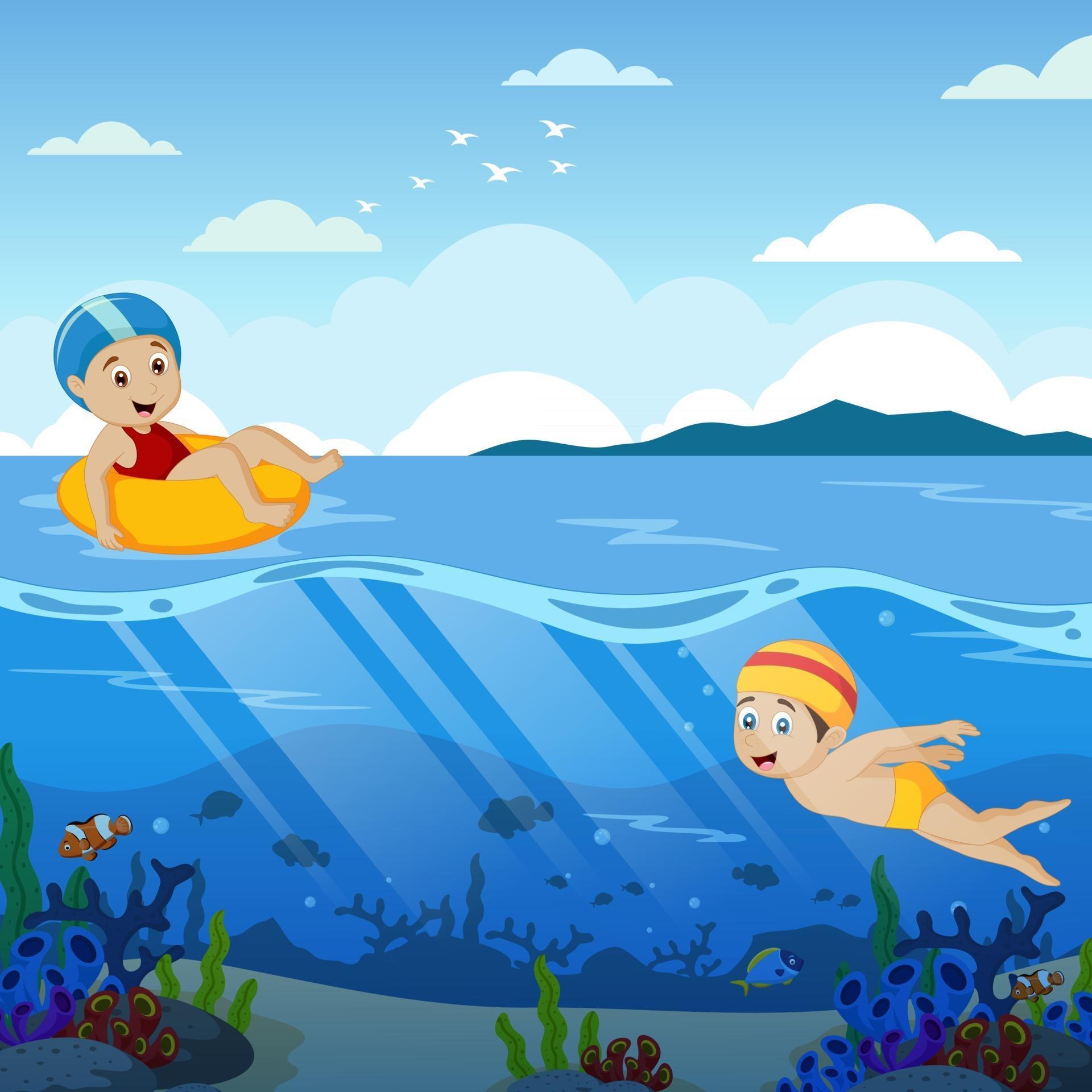 Happy Kids Swimming and Diving in the Ocean 2889442 Vector Art at Vecteezy