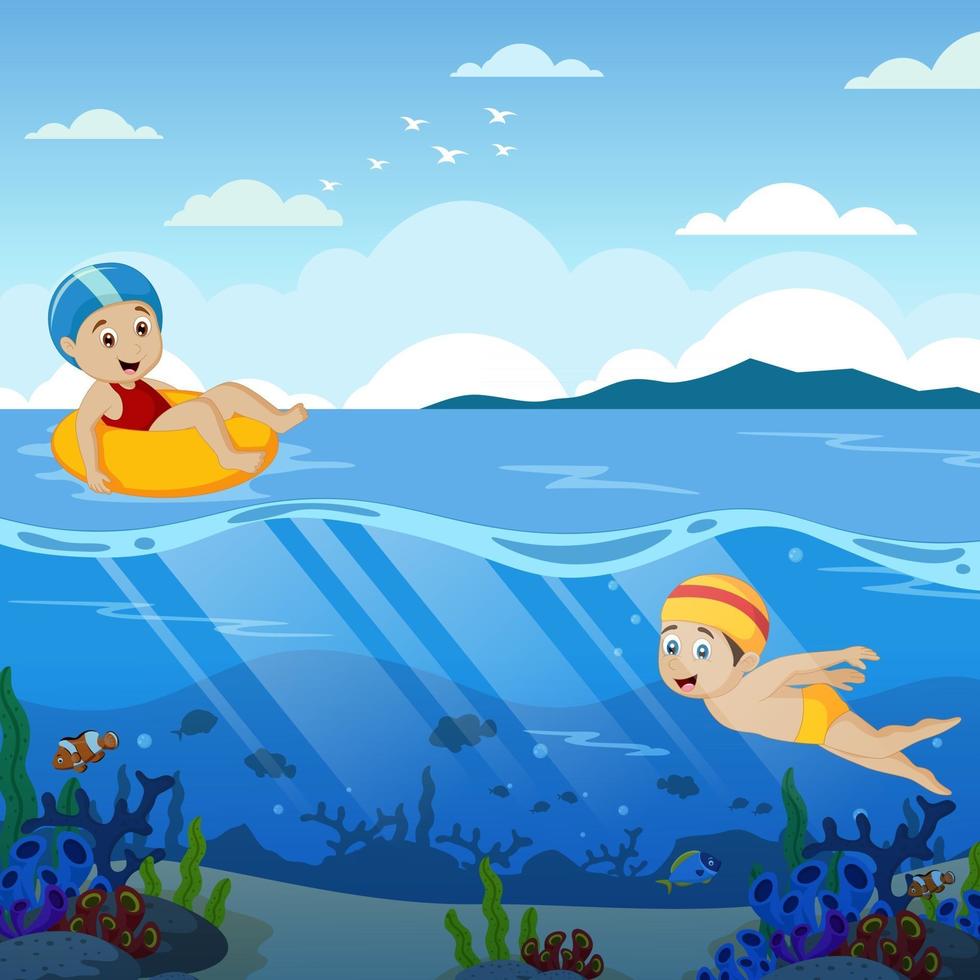 Happy Kids Swimming and Diving in the Ocean vector