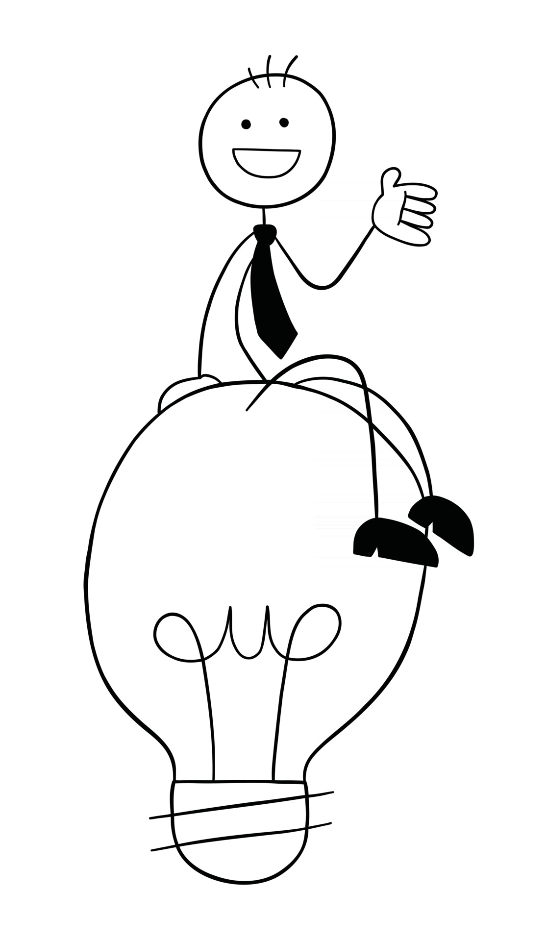 Stickman Businessman Character Happy and Sitting On the Light Bulb Idea