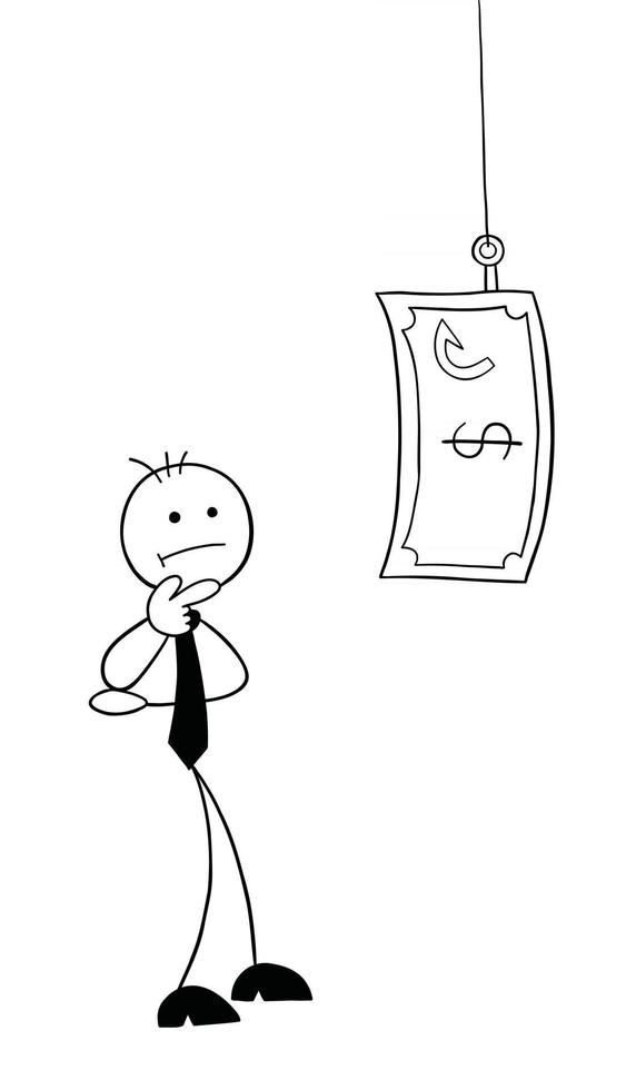 stickman, hombre de negocios, carácter, confuso, sobre, caña de pescar, y, dólar, dinero, cebo, vector, caricatura, ilustración vector