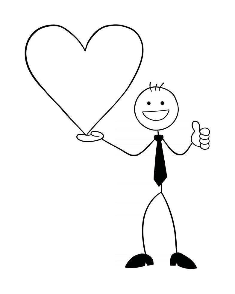 Stickman empresario personaje sosteniendo el símbolo del corazón y dando pulgares hacia arriba ilustración de dibujos animados de vector