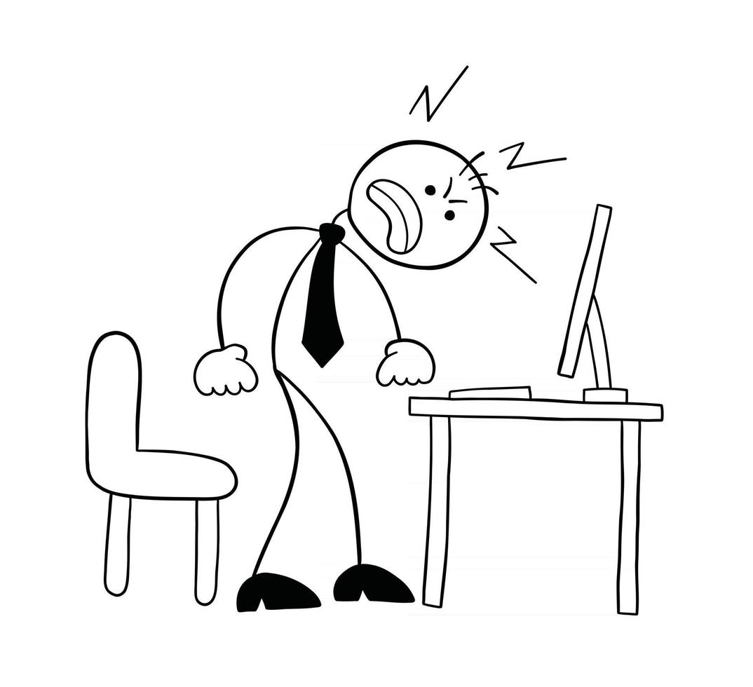 Stickman Businessman Character Getting Angry at the Computer Vector Cartoon Illustration