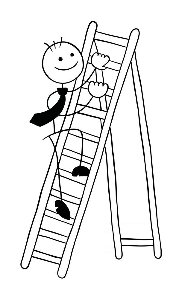 Stickman Businessman Character Climbing the Wooden Ladder Vector Cartoon Illustration