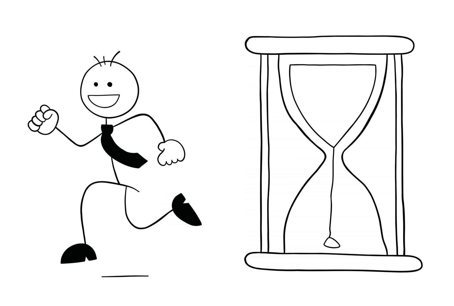 El reloj de arena ha comenzado y el personaje de empresario stickman se está ejecutando y la ilustración de dibujos animados de vector feliz