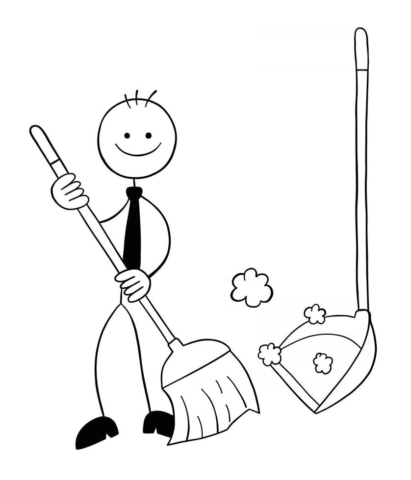 stickman, hombre de negocios, carácter, con, escoba, y, pala para recoger basura, barrer el piso, vector, caricatura, ilustración vector