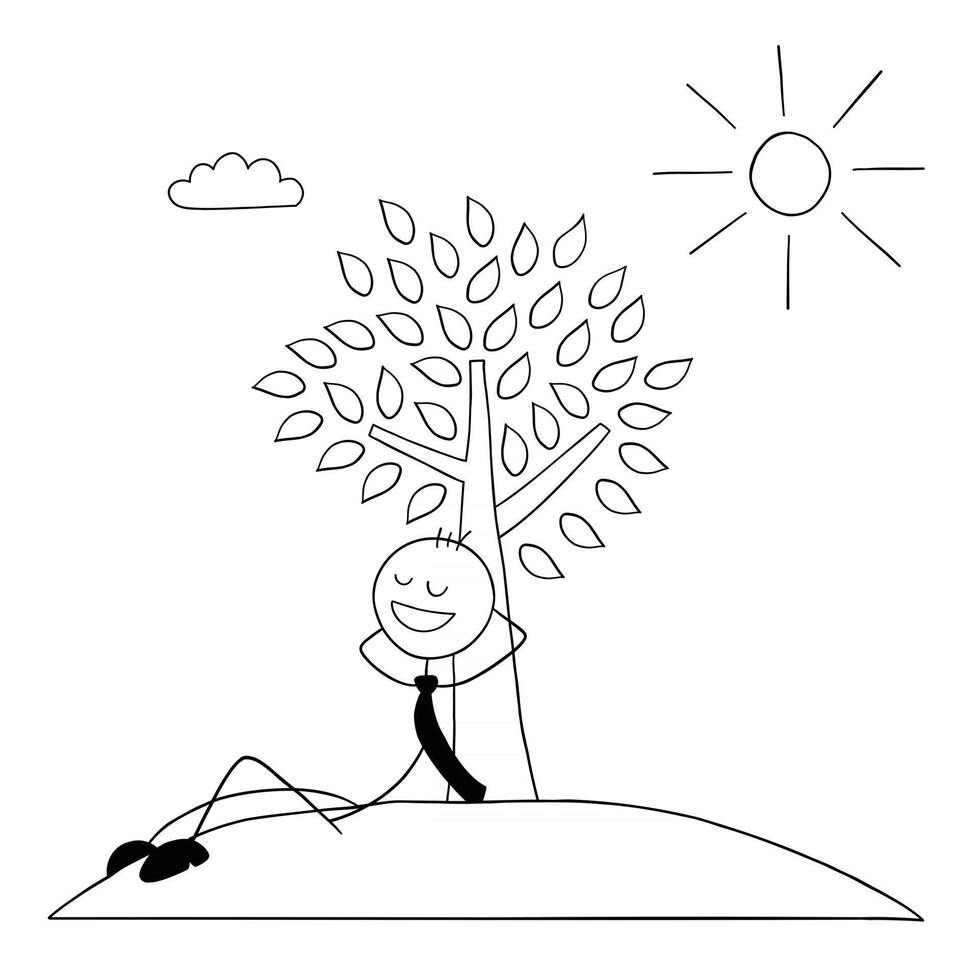 Stickman Businessman Character Leaning Against a Tree and Resting In the Sunshine Vector Cartoon Illustration
