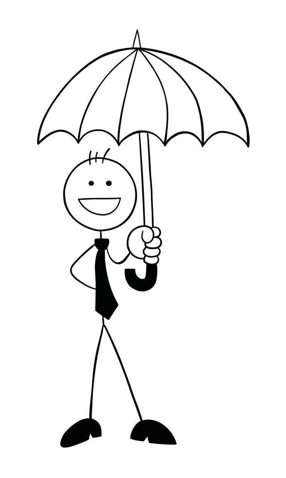 Stickman Businessman Character Holding Umbrella and Happy Vector Cartoon Illustration