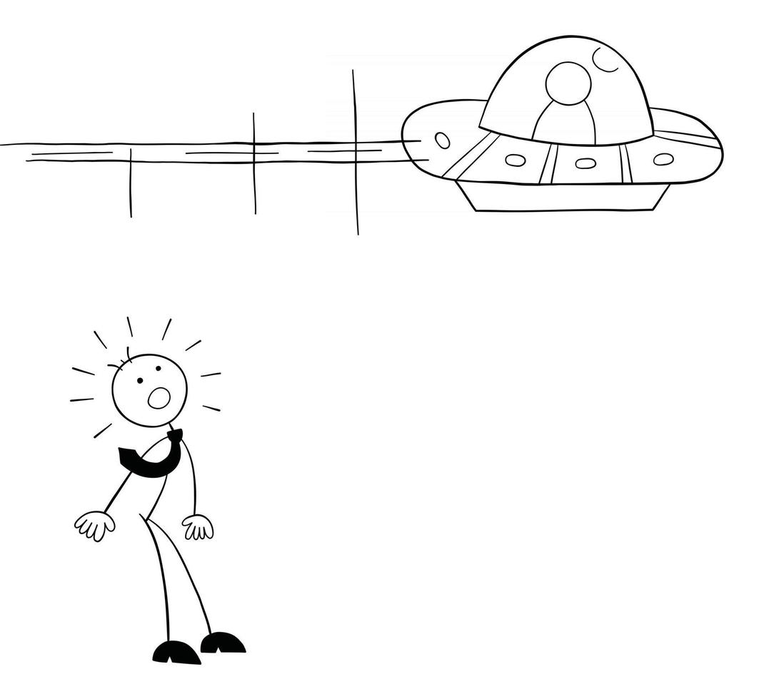 Stickman Businessman Character Sees UFO and is Surprised Vector Cartoon Illustration