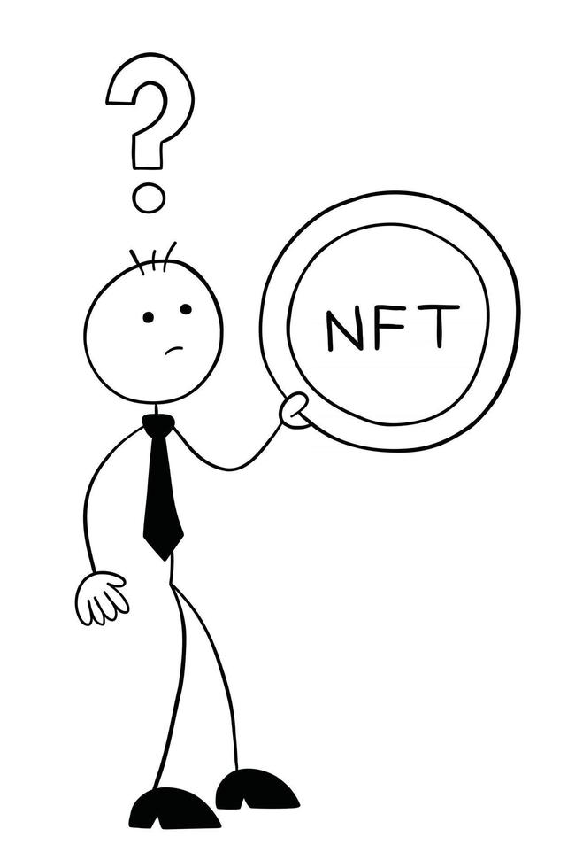 Stickman Businessman Character Holding Nft Coin And Thoughtful About It Vector Cartoon Illustration Vector Art At Vecteezy