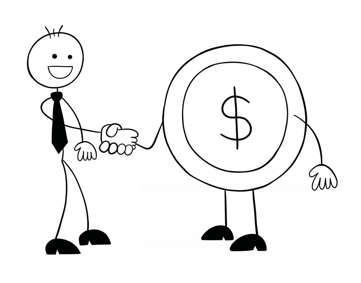 Stickman Businessman Character Shaking Hands With Dollar Coin Vector Cartoon Illustration