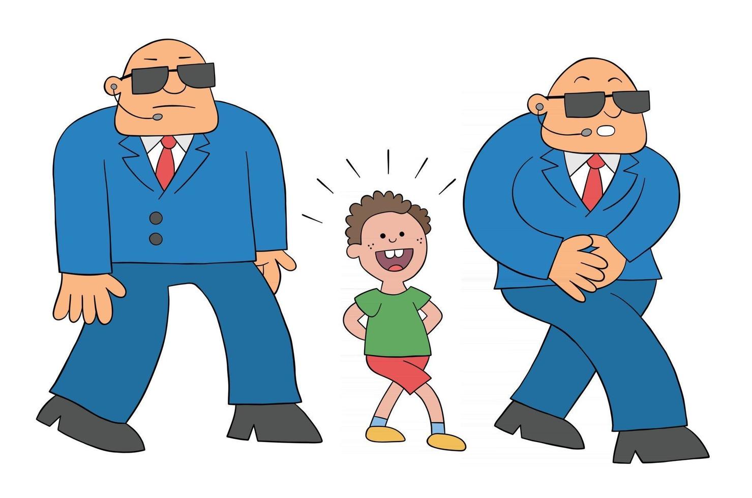 Cartoon Little Boy Walking Around With 2 Scary Guards Vector Illustration