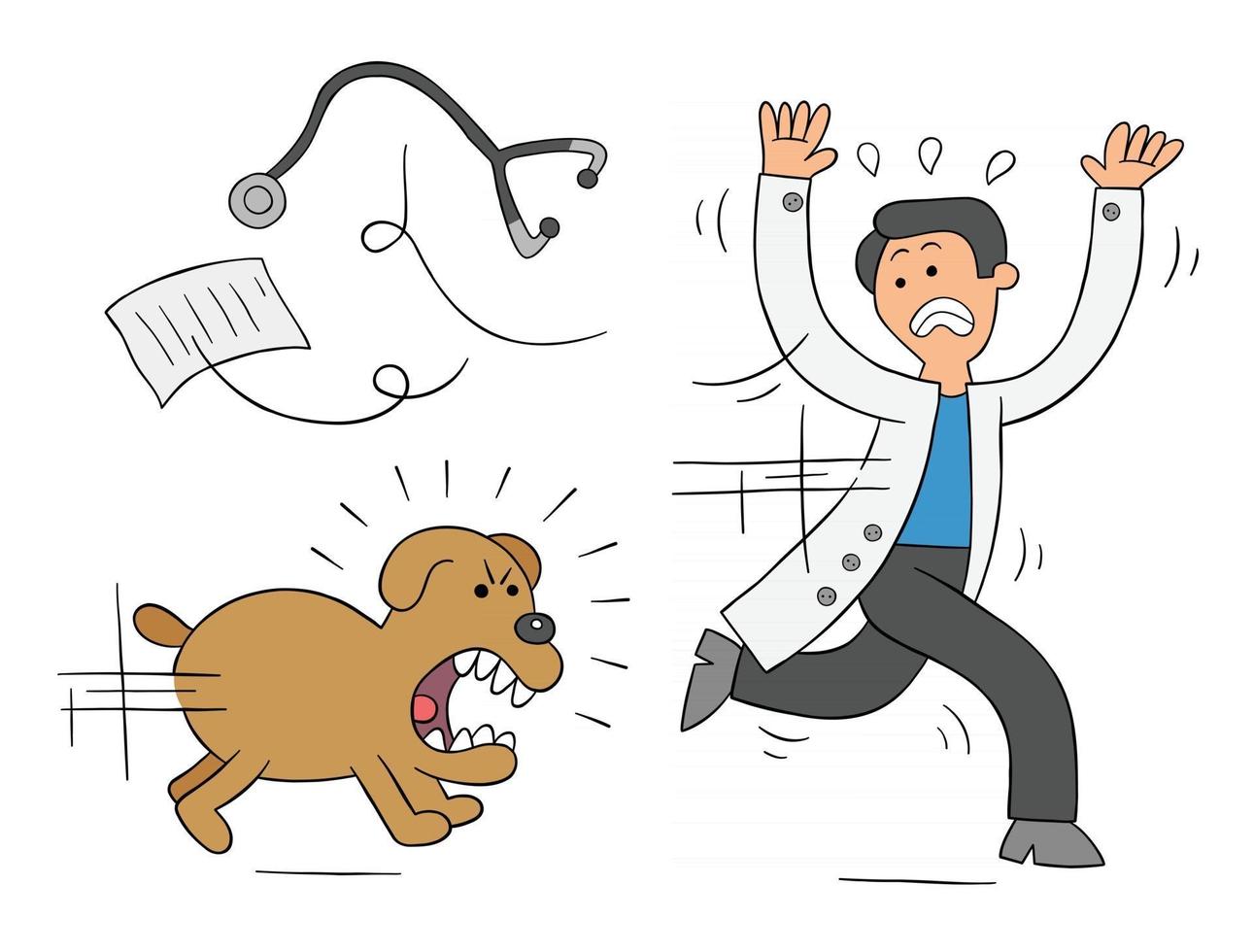 Cartoon Dog is Very Angry and is Chasing Vet Vector Illustration