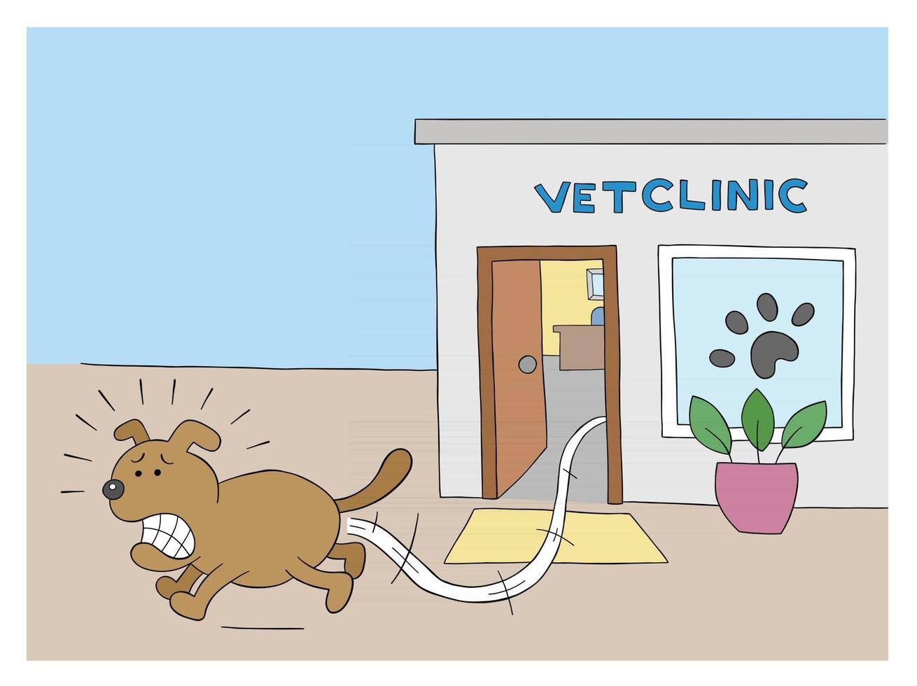 perro de dibujos animados tiene miedo y huye de la ilustración de vector de clínica veterinaria