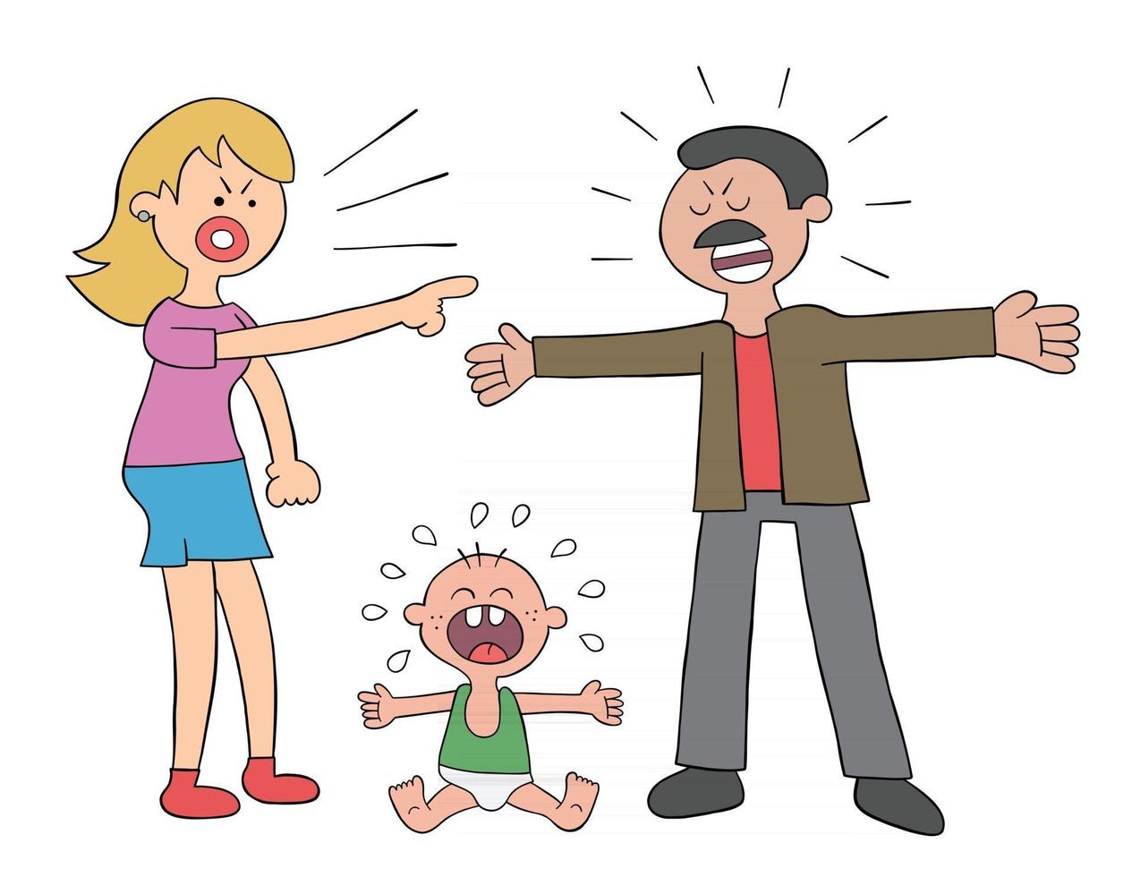 Cartoon Parents Fighting and Baby Crying Vector Illustration