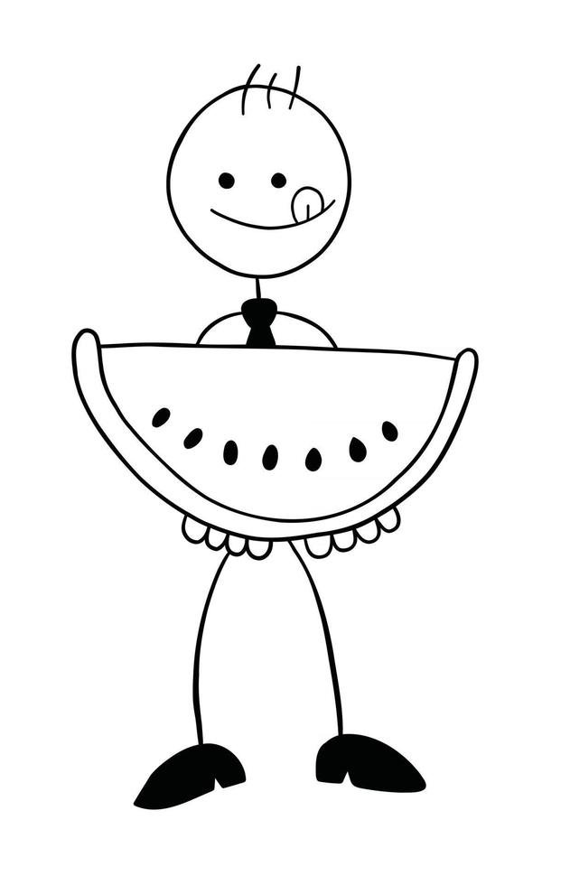 Stickman Businessman Character Holding Watermelon Slice and Wants to Eat It Vector Cartoon Illustration