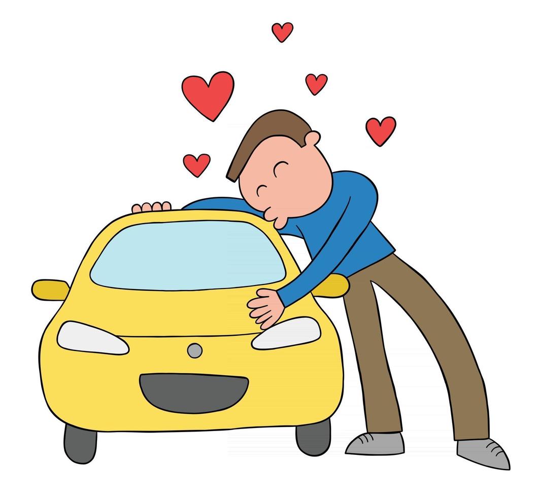 hombre de dibujos animados ama su coche y abrazos y besos ilustración vectorial vector