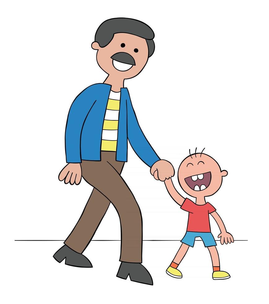 Padre e hijo de dibujos animados tomados de la mano y caminando y muy feliz ilustración vectorial vector