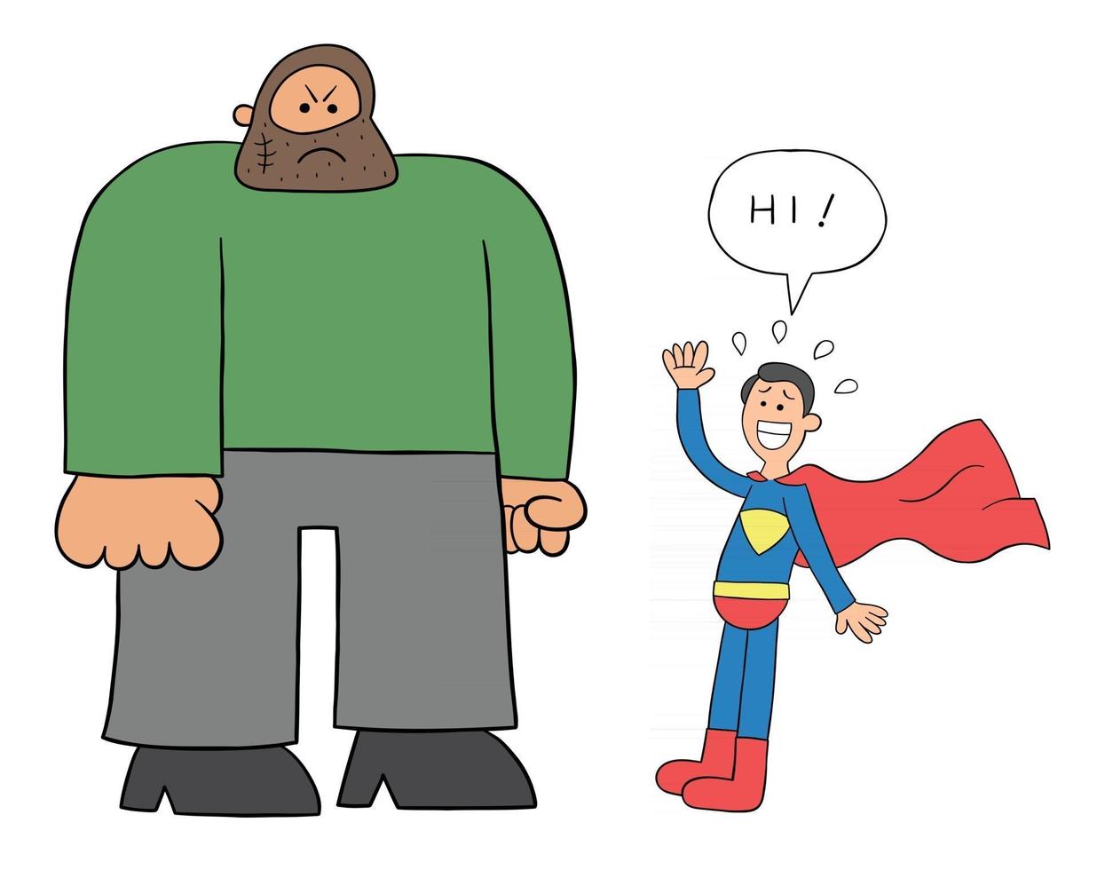 Cartoon Criminal Man is Too Big and the Superhero is Afraid of Him Vector Illustration