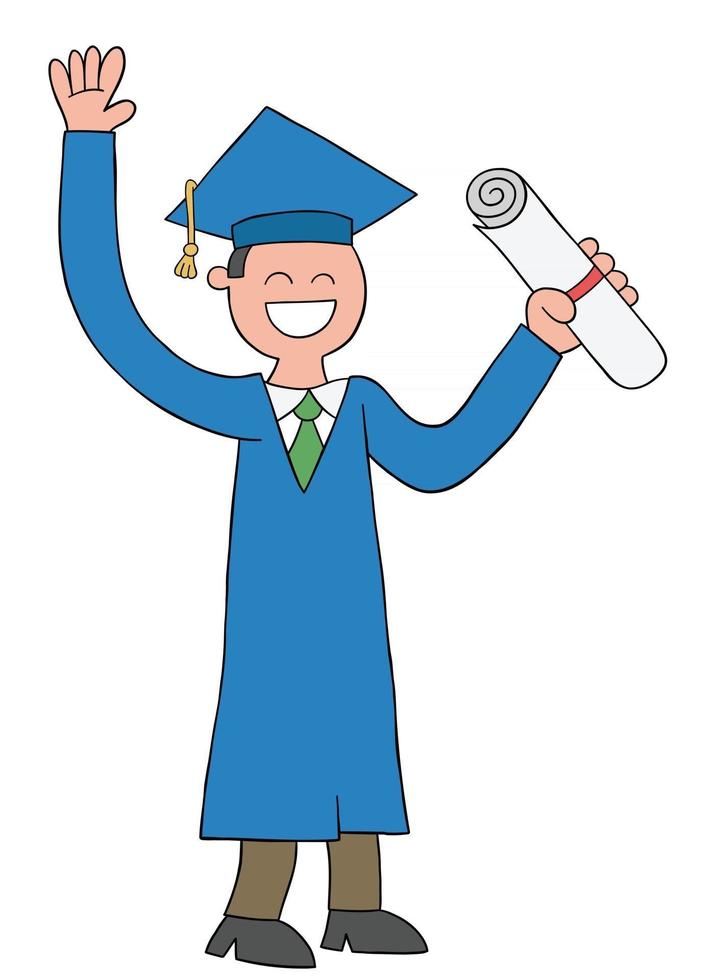 Cartoon Student Graduated and Holding Diploma Vector Illustration
