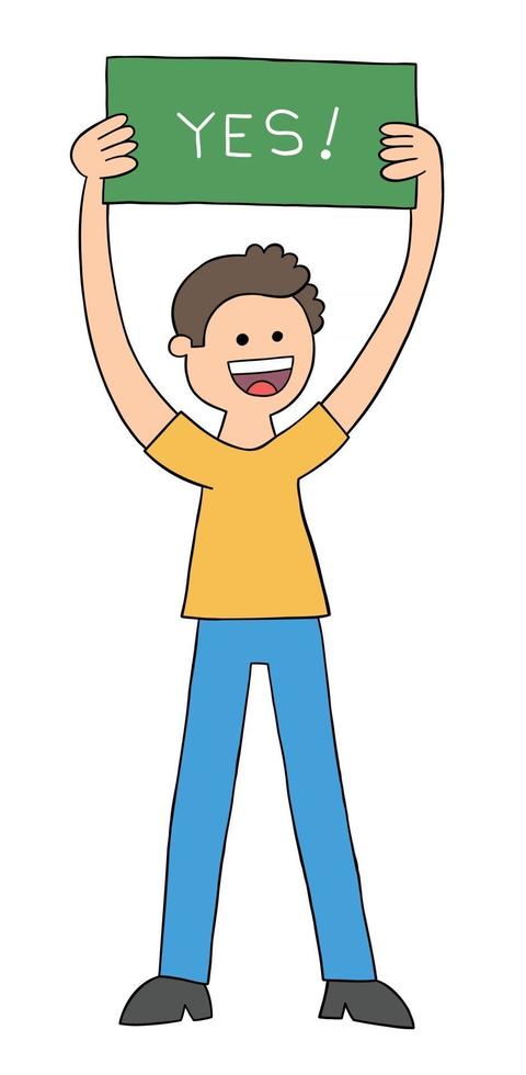 Cartoon Man Holding Yes Sign Vector Illustration