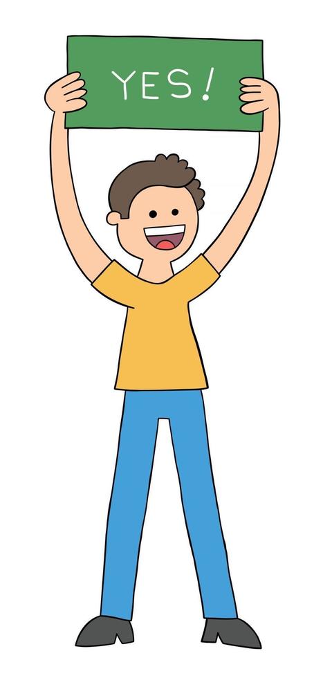 Cartoon Man Holding Yes Sign Vector Illustration