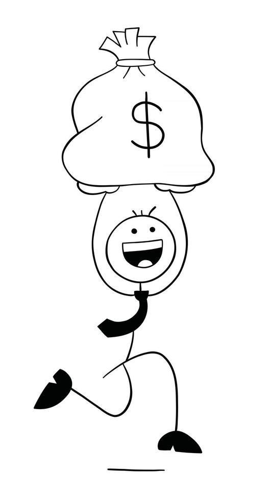 Stickman Businessman Character Carrying a Sack of Dollars and Running Vector Cartoon Illustration