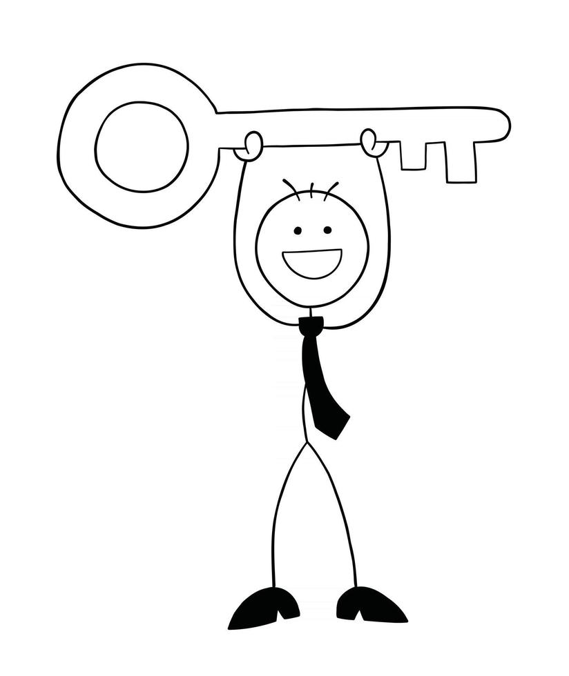 Stickman Businessman Character Happy and Raising Big Key Vector Cartoon Illustration