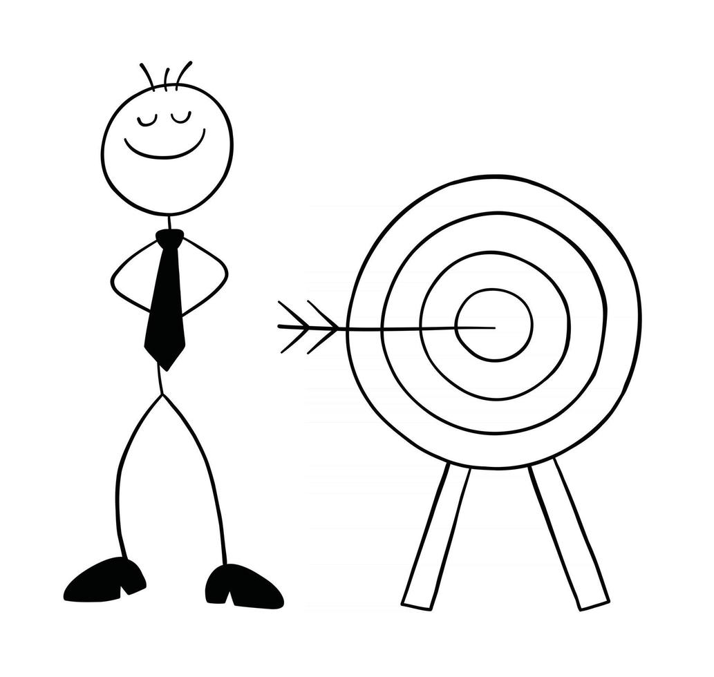 stickman, hombre de negocios, carácter, golpea el objetivo, de, ojo de toro, y, orgulloso, vector, caricatura, ilustración vector