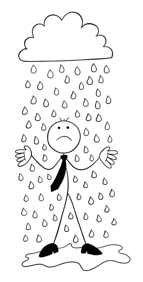 It is Raining Stickman Businessman Character Getting Wet and Unhappy Vector Cartoon Illustration