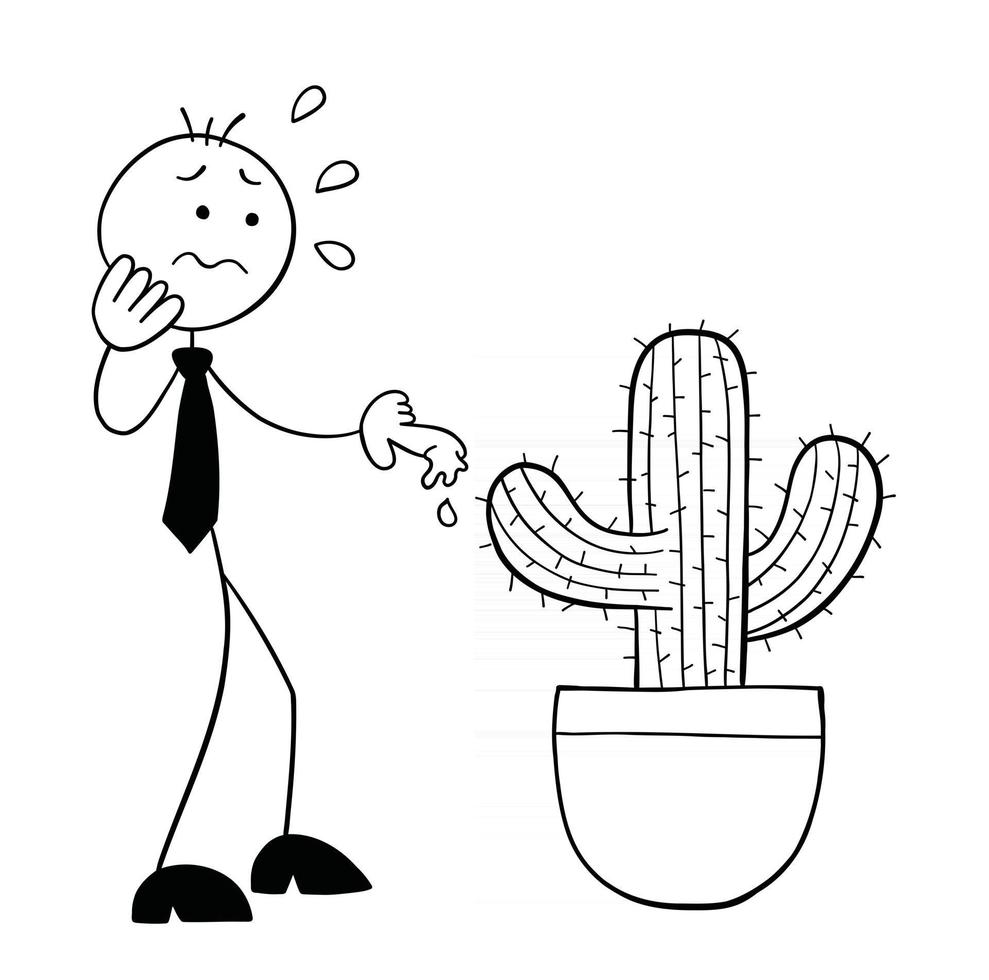 Stickman Businessman Character Touches the Cactus Thorn and His Finger Bleeds Vector Cartoon Illustration