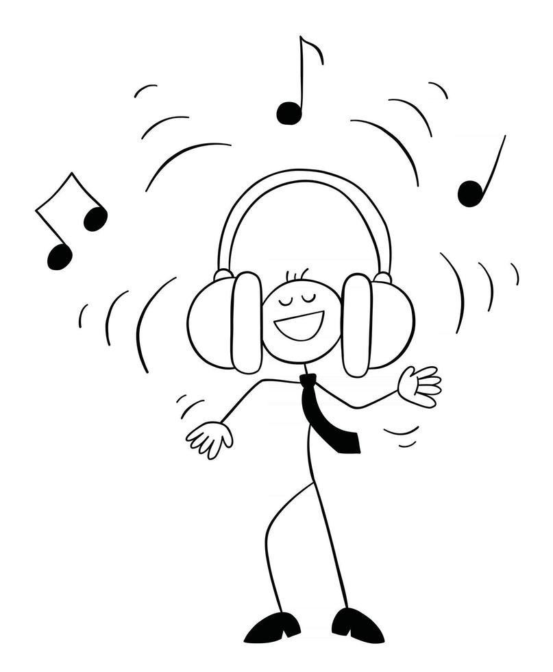 Stickman Businessman Character Listening to Loud Music With Big Earphones Vector Cartoon Illustration