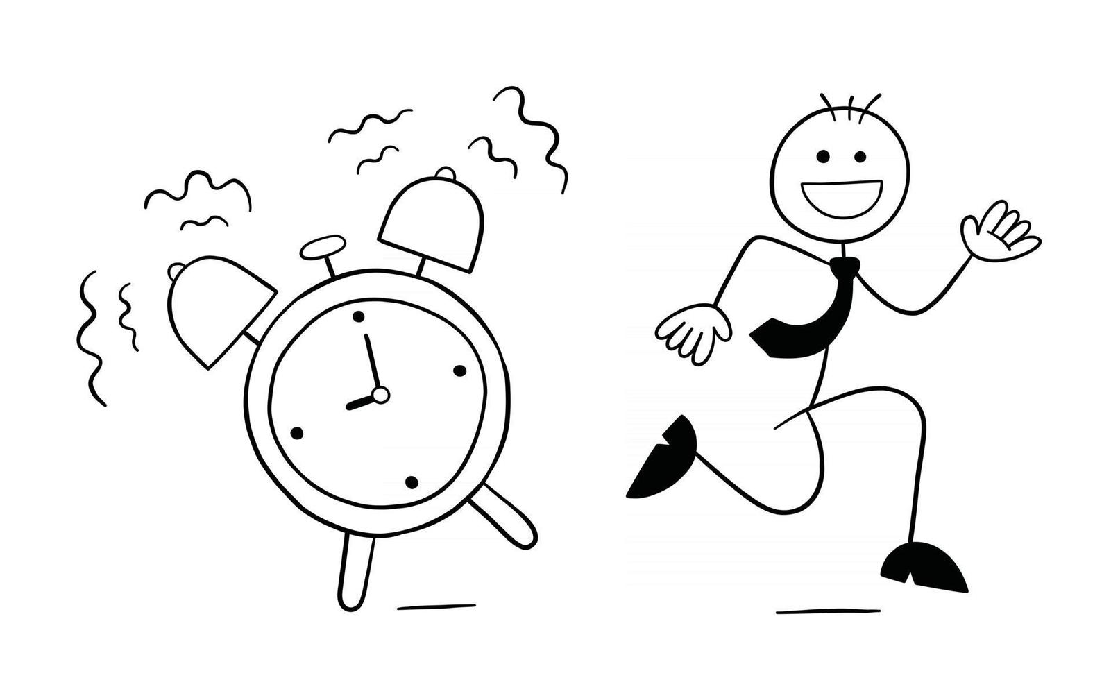 Alarm Goes Off and Stickman Businessman Character Running Vector