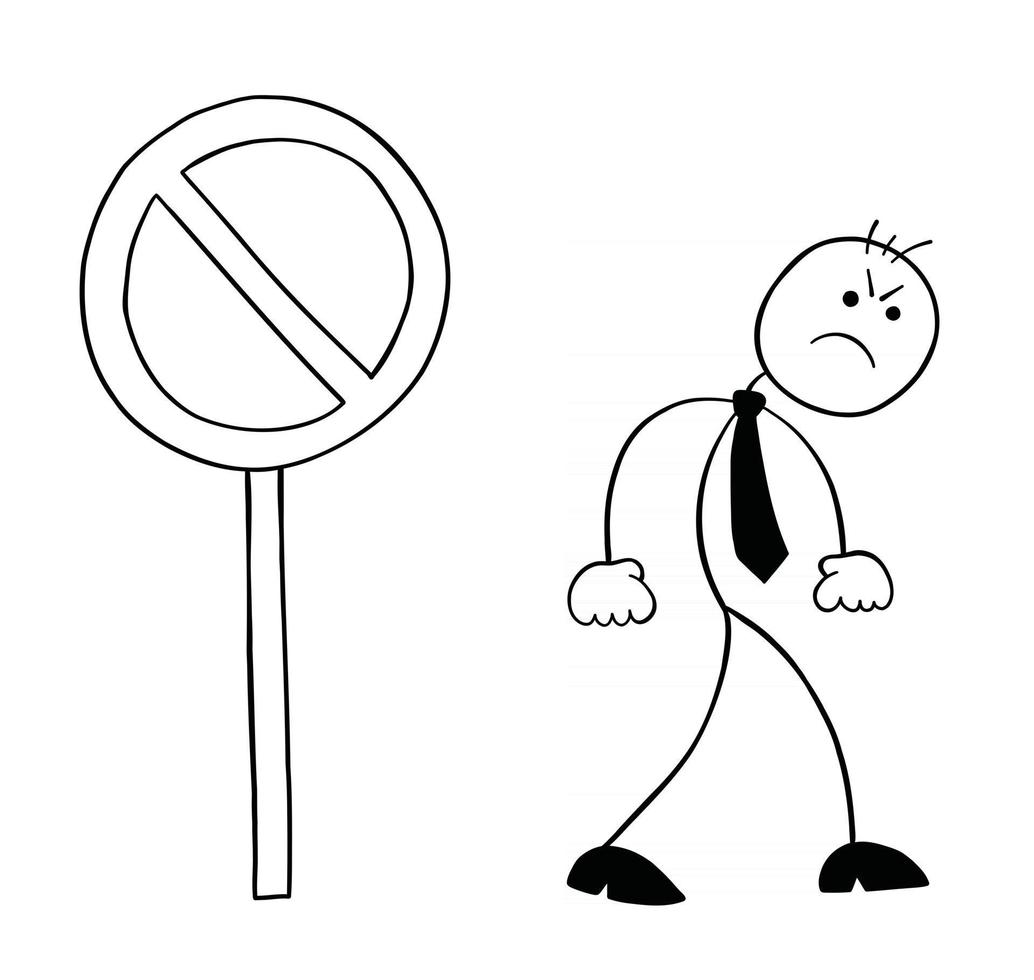 Stickman Businessman Character Sees the Forbidden Sign Gets Angry and Turns Back Vector Cartoon Illustration